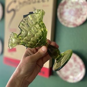 Vintage Green Glass Fenton Thumbprint Ruffle Compote/Candy Dish